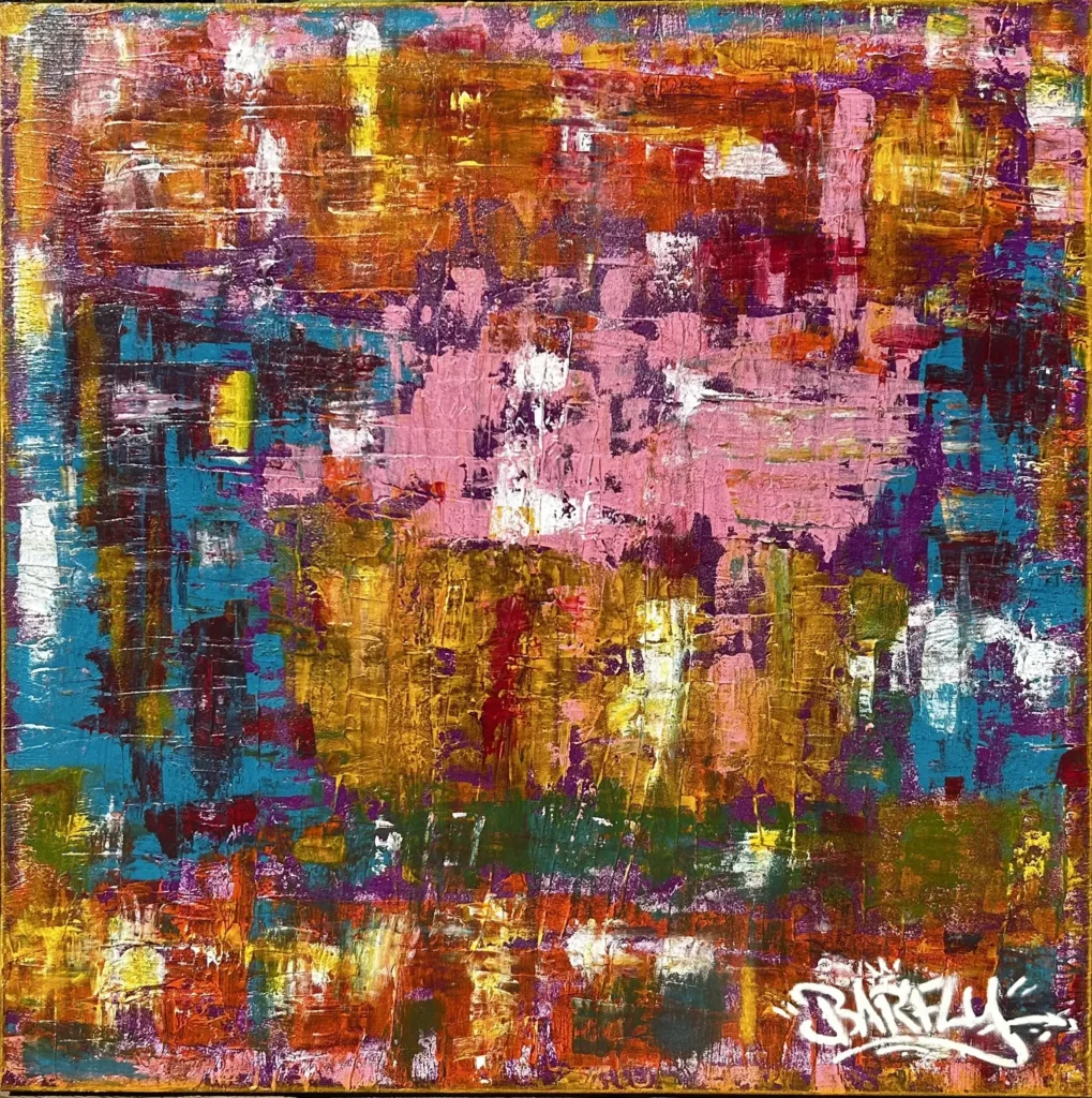 tableau urbain aux couleurs rose, jaune et bleu