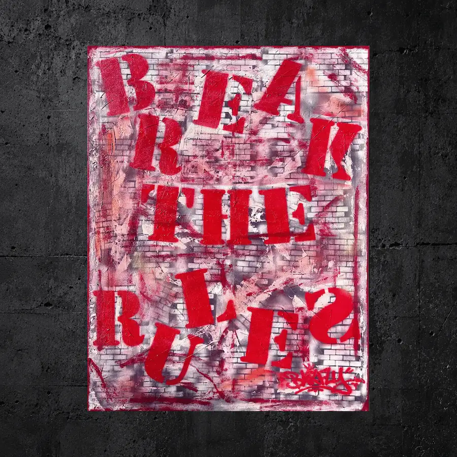 Break the Rules de BARFLY, tableau contemporain rouge, blanc et noir mêlant lettres graphiques et motifs de briques
