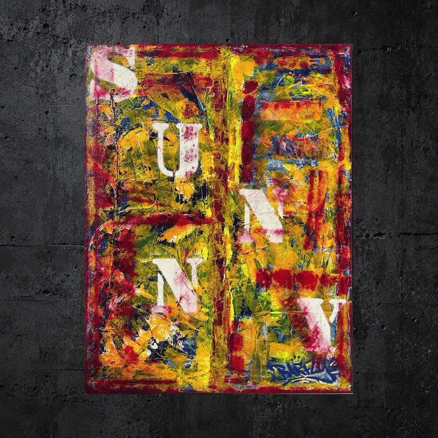 Tableau abstrait Sunny de BARFLY, peinture acrylique jaune, rouge et bleue sur fond urbain anthracite
