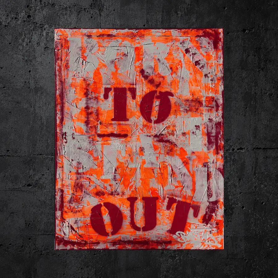 Born to Stand Out de BARFLY, tableau contemporain abstrait aux teintes orange vif, gris et rouge, avec lettrage graphique.