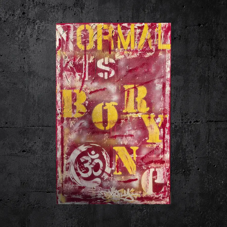 Normal is Boring de BARFLY, tableau contemporain de 2026 aux tons rouge, jaune et blanc, composé de lettres et motifs graphiques